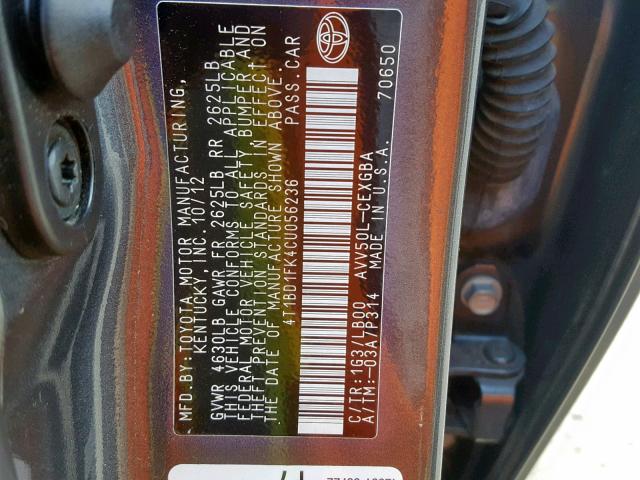 4T1BD1FK4CU056236 - 2012 TOYOTA CAMRY HYBR GRAY photo 10