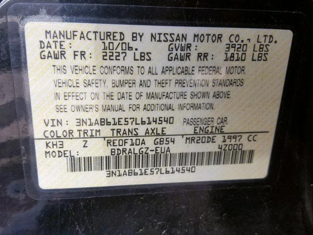 3N1AB61E57L614540 - 2007 NISSAN SENTRA 2.0 BLACK photo 10