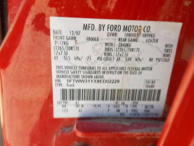 1FTWW31YX8ED02229 - 2008 FORD F350 SRW S RED photo 10