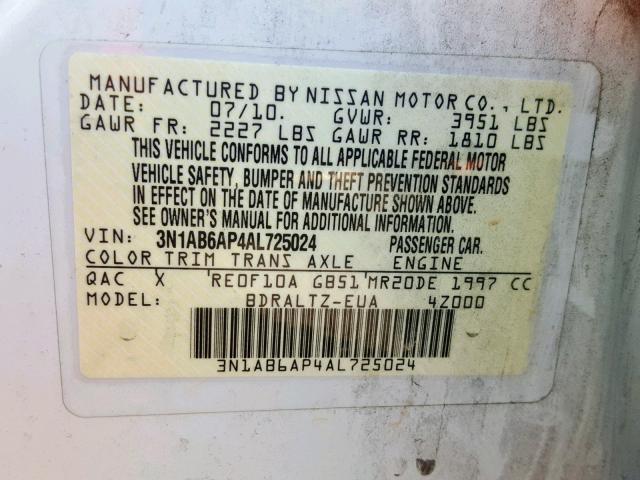 3N1AB6AP4AL725024 - 2010 NISSAN SENTRA 2.0 WHITE photo 10