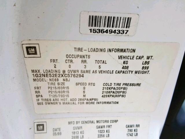 1G2NE52E2XC576294 - 1999 PONTIAC GRAND AM S WHITE photo 10