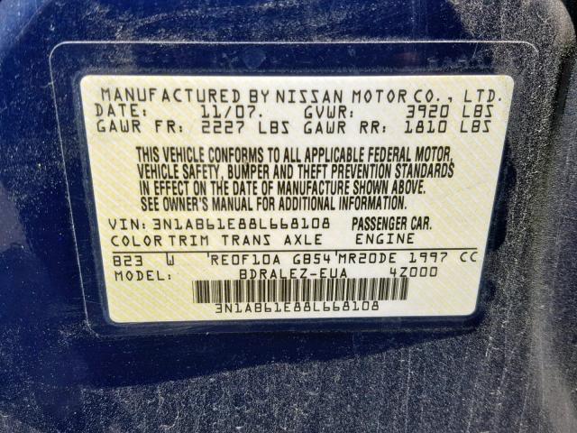 3N1AB61E88L668108 - 2008 NISSAN SENTRA 2.0 BLUE photo 10