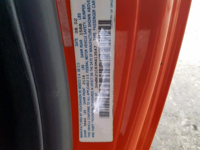 3VWBK21C83M413547 - 2003 VOLKSWAGEN NEW BEETLE ნარინჯისფერი ფოტო 10