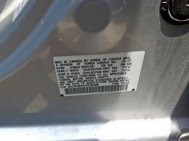 2HJYK16547H549286 - 2007 HONDA RIDGELINE SILVER photo 10