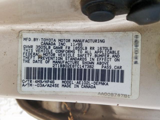 2T1BB02E8TC147382 - 1996 TOYOTA COROLLA DX  photo 10