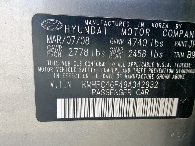 KMHFC46F49A342932 - 2009 HYUNDAI AZERA SE SILVER photo 10