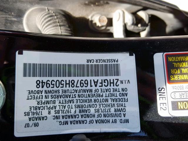 2HGFA16978H505948 - 2008 HONDA CIVIC EXL BLACK photo 10