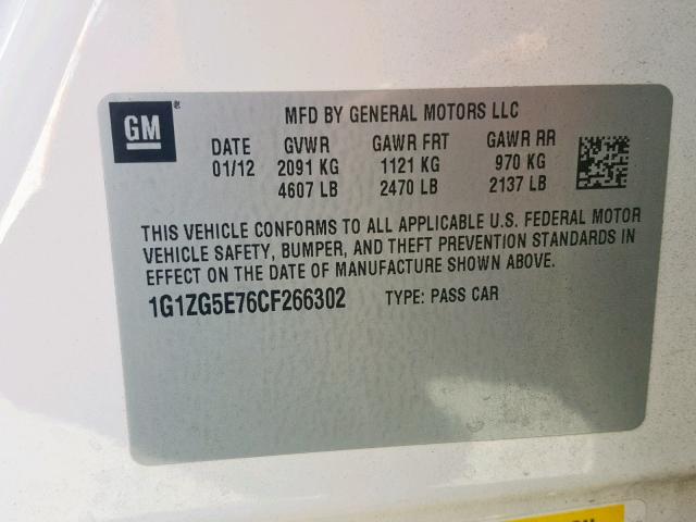 1G1ZG5E76CF266302 - 2012 CHEVROLET MALIBU LTZ 白色 照片 10