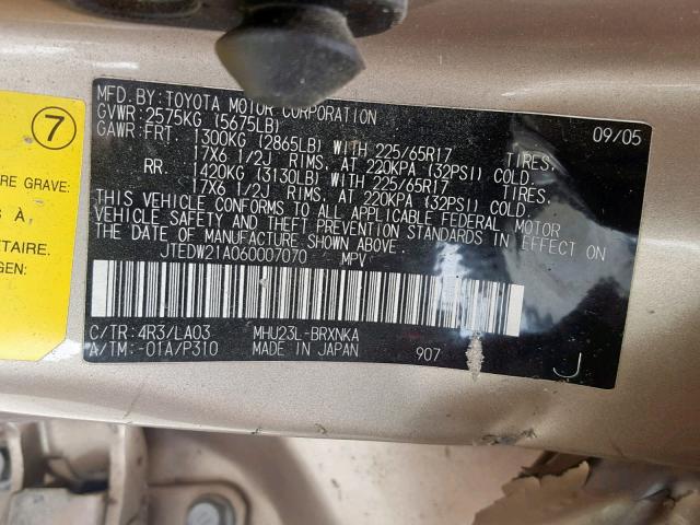 JTEDW21A060007070 - 2006 TOYOTA HIGHLANDER GOLD photo 10