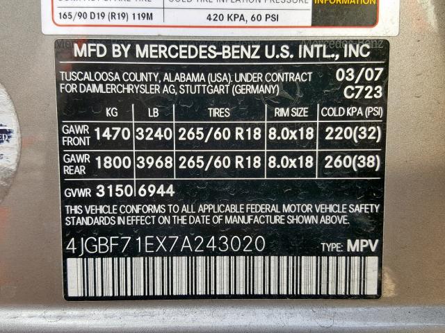 4JGBF71EX7A243020 - 2007 MERCEDES-BENZ GL 450 4MA SILVER photo 10