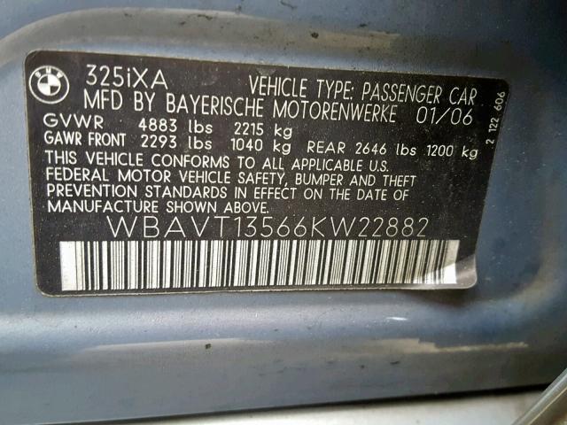 WBAVT13566KW22882 - 2006 BMW 325 XIT BLUE photo 10