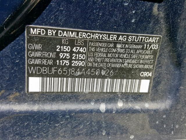 WDBUF65J84A450126 - 2004 MERCEDES-BENZ E 320 BLUE photo 10