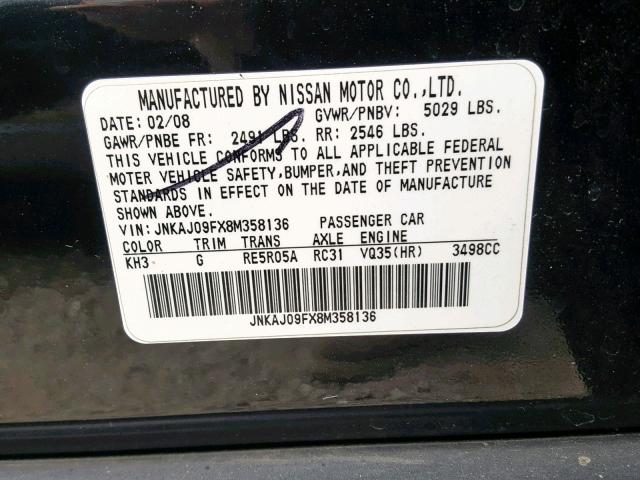 JNKAJ09FX8M358136 - 2008 INFINITI EX35 BASE BLACK photo 10