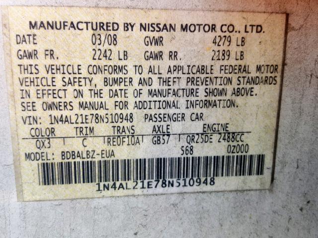 1N4AL21E78N510948 - 2008 NISSAN ALTIMA 2.5 WHITE photo 10