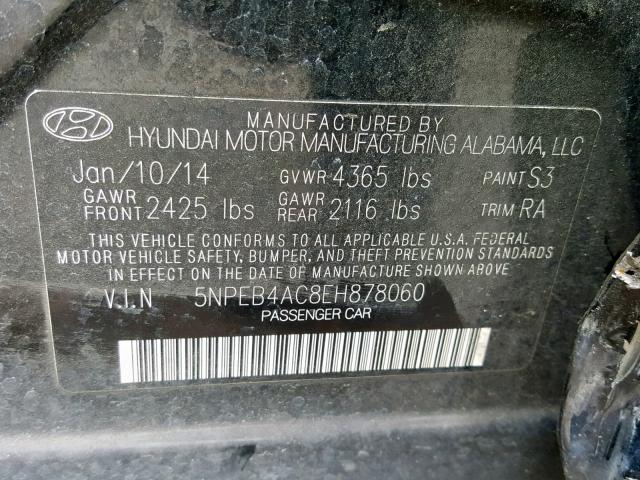 5NPEB4AC8EH878060 - 2014 HYUNDAI SONATA GLS BLACK photo 10