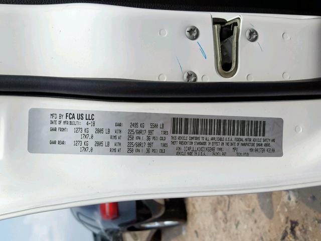 1C4PJLLX1KD143248 - 2019 JEEP CHEROKEE L WHITE photo 10