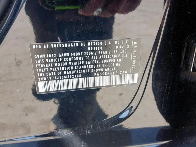3VW1K7AJ1CM392788 - 2012 VOLKSWAGEN JETTA BASE BLACK photo 10