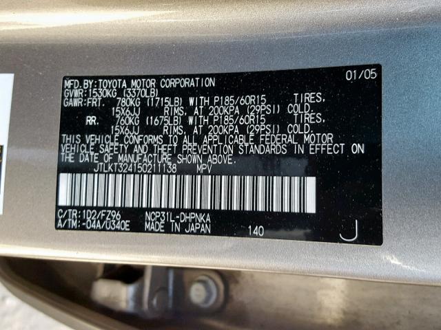 JTLKT324150211138 - 2005 TOYOTA SCION XB 灰色 照片 10