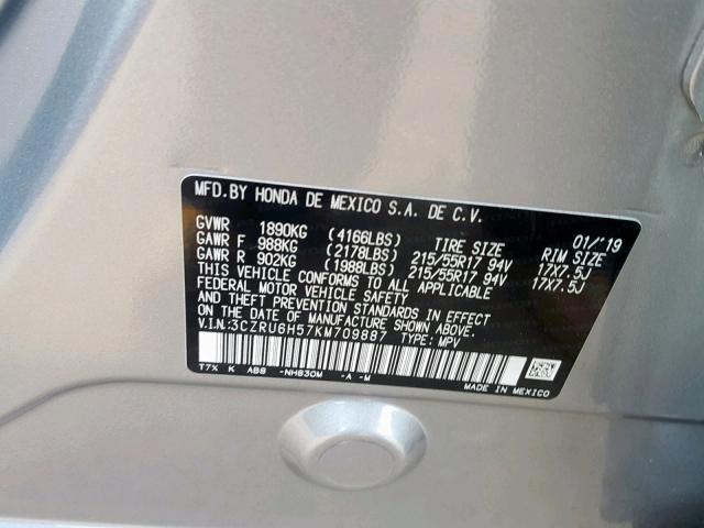 3CZRU6H57KM709887 - 2019 HONDA HR-V EX SILVER photo 10