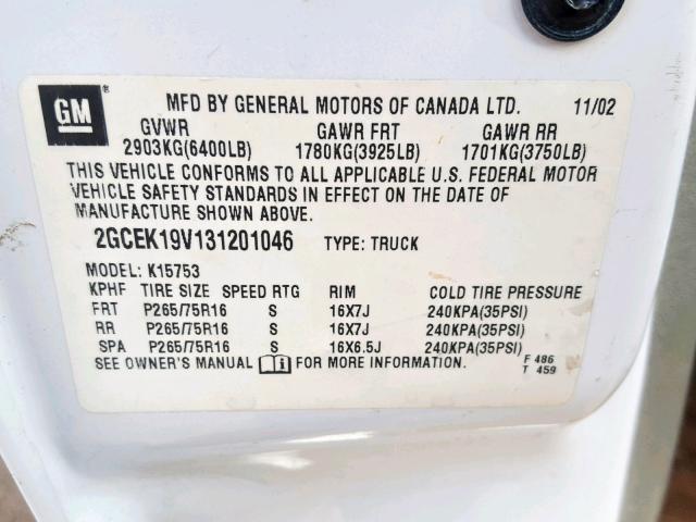 2GCEK19V131201046 - 2003 CHEVROLET SILVERADO WHITE photo 10