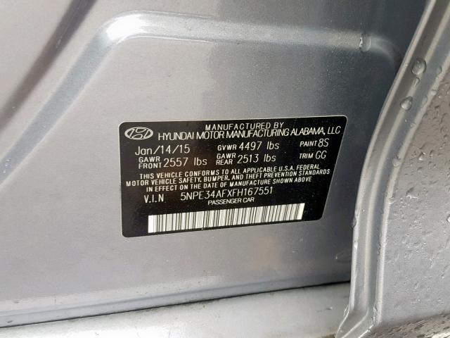 5NPE34AFXFH167551 - 2015 HYUNDAI SONATA SPO SILVER photo 10