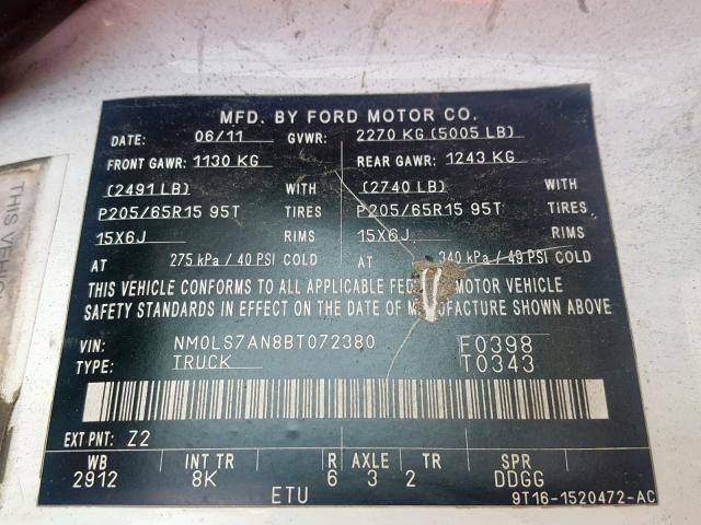 NM0LS7AN8BT072380 - 2011 FORD TRANSIT CO WHITE photo 10