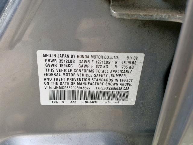 JHMGE88209S048327 - 2009 HONDA FIT GRAY photo 10