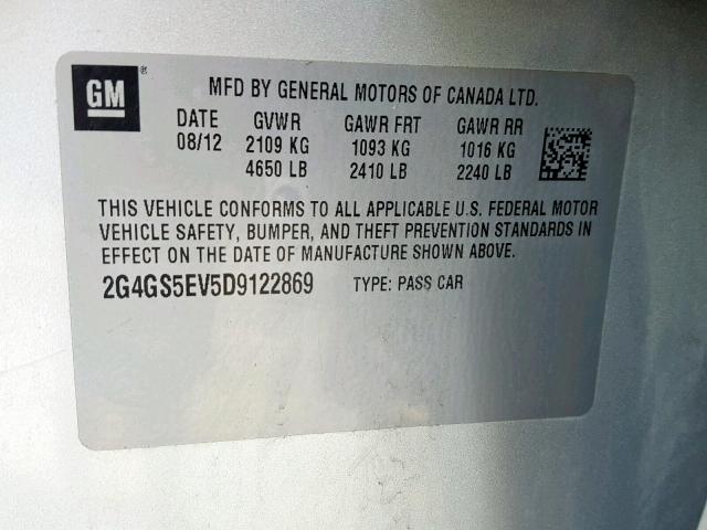 2G4GS5EV5D9122869 - 2013 BUICK REGAL PREM SILVER photo 10