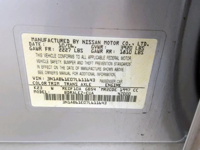 3N1AB61E07L611643 - 2007 NISSAN SENTRA 2.0 SILVER photo 10