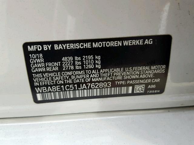 WBA8E1C51JA762893 - 2018 BMW 330E WHITE photo 10