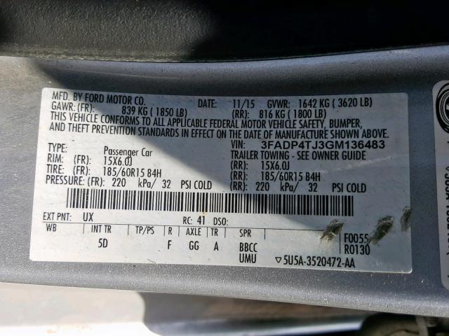 3FADP4TJ3GM136483 - 2016 FORD FIESTA S SILVER photo 10