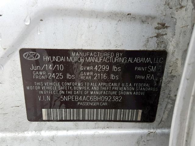 5NPEB4AC6BH092382 - 2011 HYUNDAI SONATA GLS SILVER photo 10