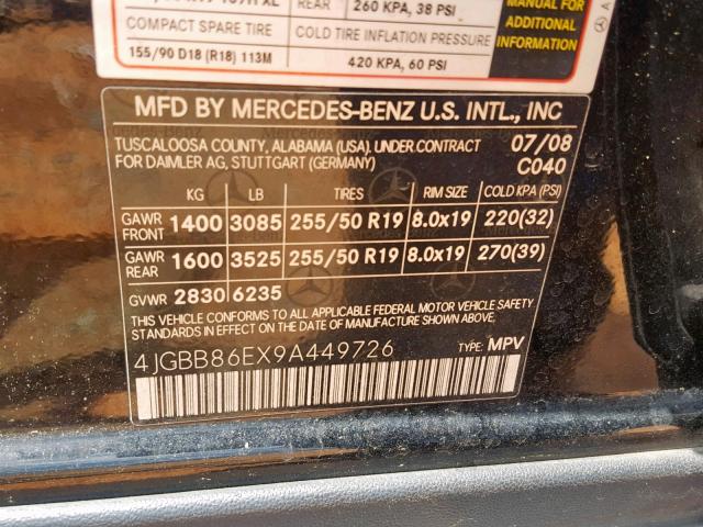 4JGBB86EX9A449726 - 2009 MERCEDES-BENZ ML 350 BLACK photo 10