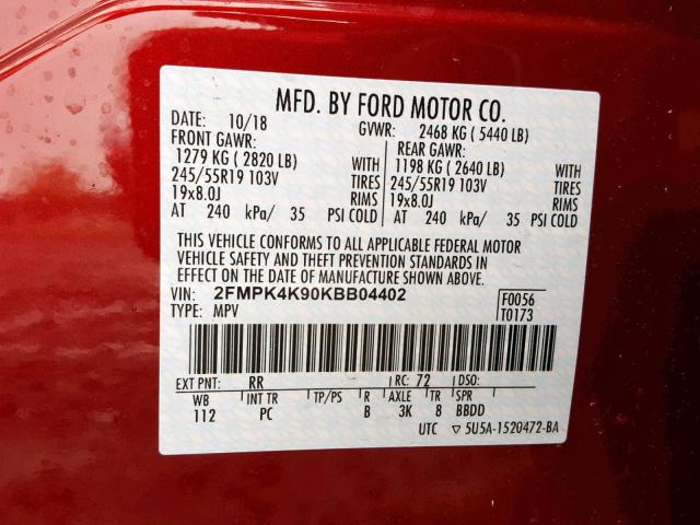 2FMPK4K90KBB04402 - 2019 FORD EDGE TITAN RED photo 10