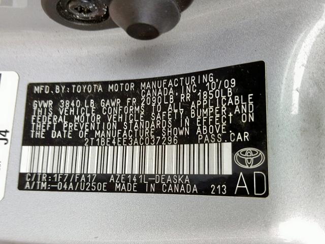 2T1BE4EE3AC037296 - 2010 TOYOTA COROLLA XR SILVER photo 10