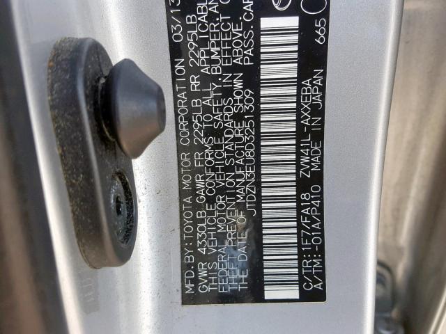 JTDZN3EU8D3251309 - 2013 TOYOTA PRIUS V SILVER photo 10