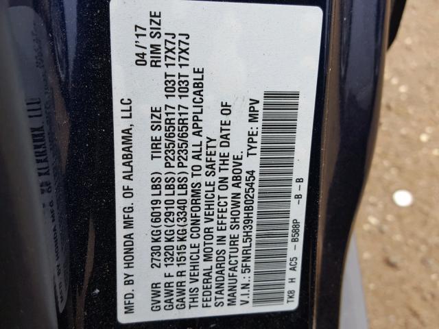 5FNRL5H39HB025454 - 2017 HONDA ODYSSEY SE BLUE photo 10