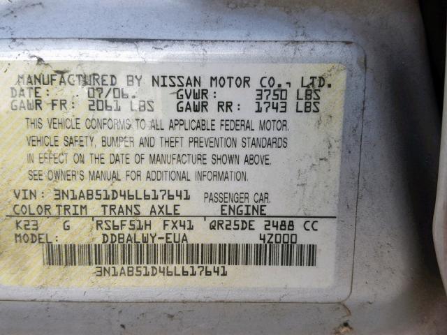 3N1AB51D46L617641 - 2006 NISSAN SENTRA SE- SILVER photo 10