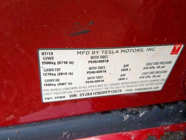 5YJSA1CN0DFP15578 - 2013 TESLA MODEL S Czerwony zdjęcie 10