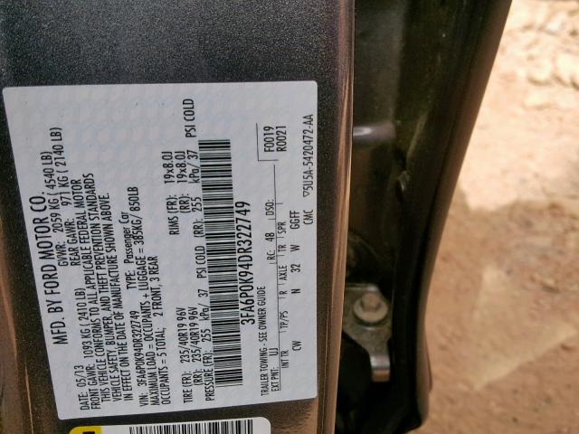 3FA6P0K94DR322749 - 2013 FORD FUSION TIT GRAY photo 10