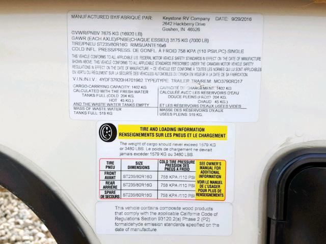 4YDF37920H4701962 - 2017 KEYSTONE MONTANA BEIGE photo 10