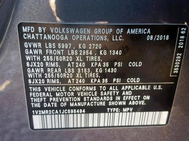 1V2MR2CA1JC595494 - 2018 VOLKSWAGEN ATLAS SEL Boz foto 10