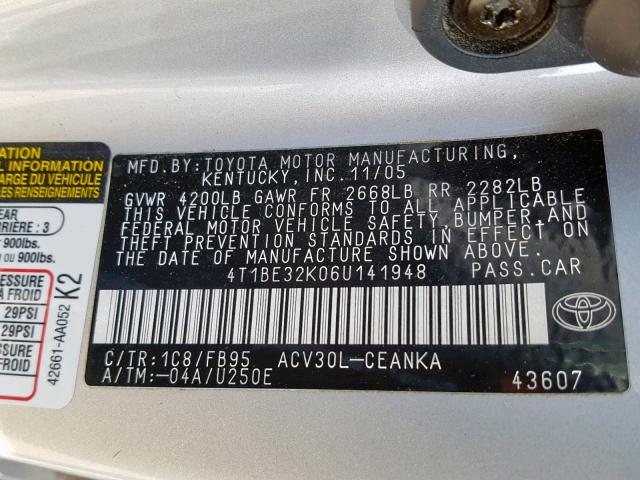 4T1BE32K06U141948 - 2006 TOYOTA CAMRY LE SILVER photo 10