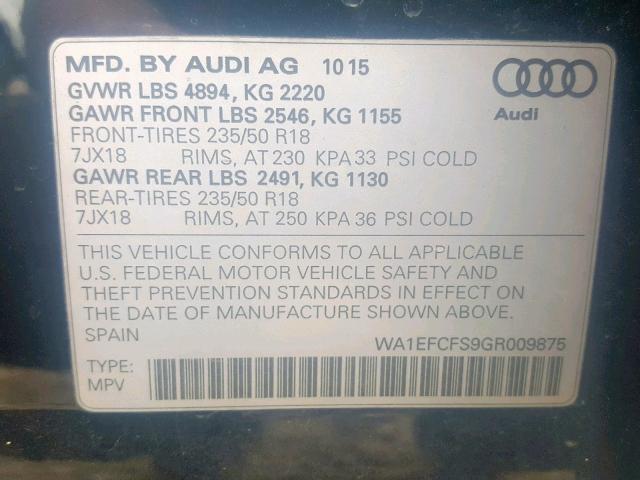 WA1EFCFS9GR009875 - 2016 AUDI Q3 PREMIUM BLACK photo 10