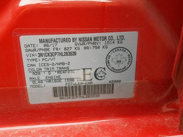 3N1CK3CP7HL263539 - 2017 NISSAN MICRA RED photo 10