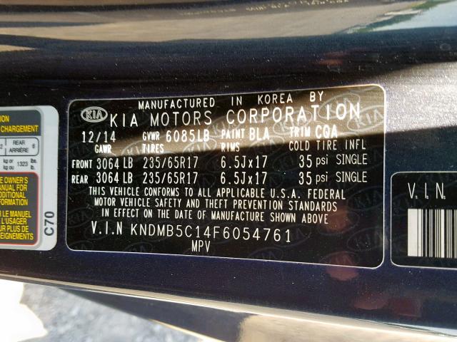 KNDMB5C14F6054761 - 2015 KIA SEDONA LX BLUE photo 10