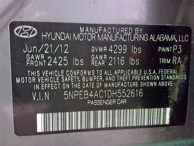 5NPEB4AC1DH552616 - 2013 HYUNDAI SONATA GLS GRAY photo 10