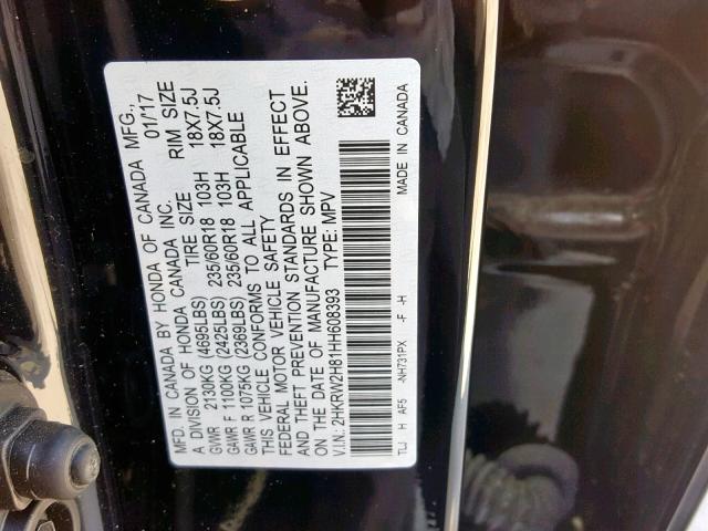 2HKRW2H81HH608393 - 2017 HONDA CR-V EXL BLACK photo 10