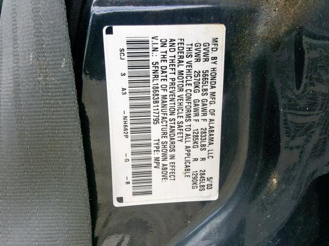 5FNRL18683B117795 - 2003 HONDA ODYSSEY EX BLUE photo 10