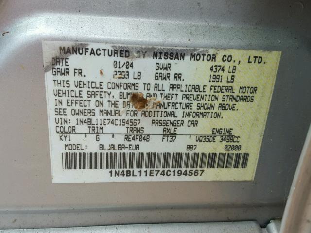 1N4BL11E74C194567 - 2004 NISSAN ALTIMA SE SILVER photo 10